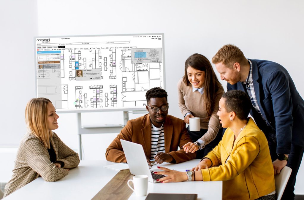 A group collaborating and using Accordant workspace management software