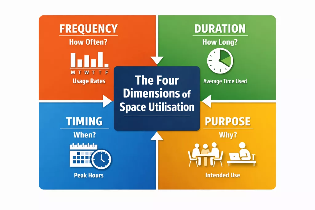 The four dimensions of space utilisation showing frequency, duration, timing and purpose.