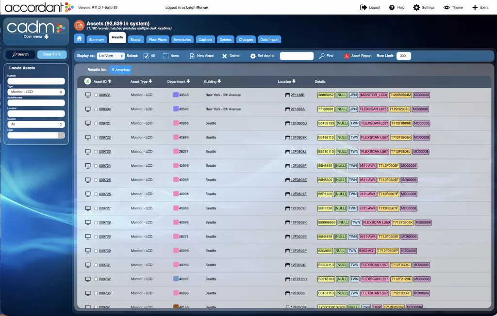 Workplace asset register showing asset details and ownership