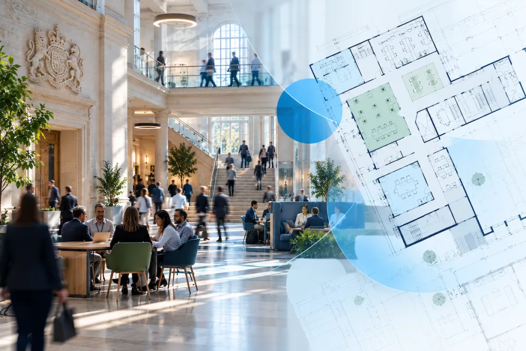 Workplace activity and floor plan overlays illustrating property data and space planning