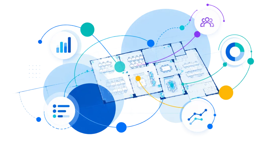 Abstract illustration of connected workplace data, analytics and office floor plans