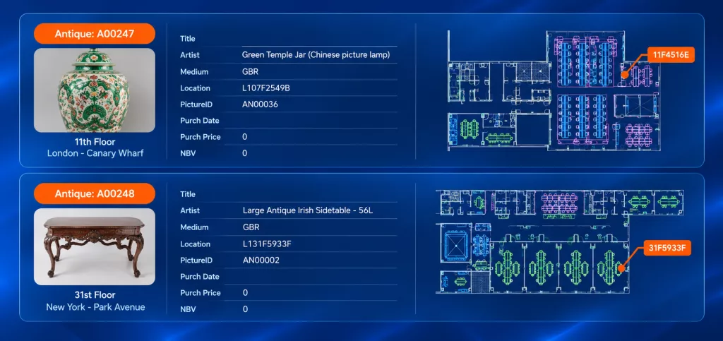 Workplace floor plan showing where assets are located