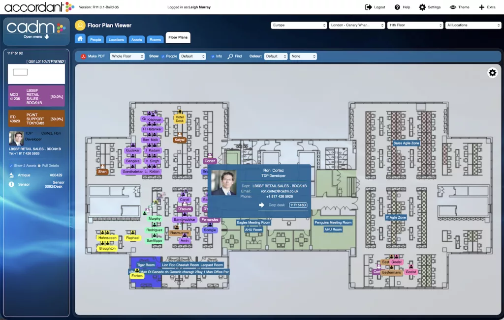 Accordant Finder showing people directory, asset details and room locations with floor plan links