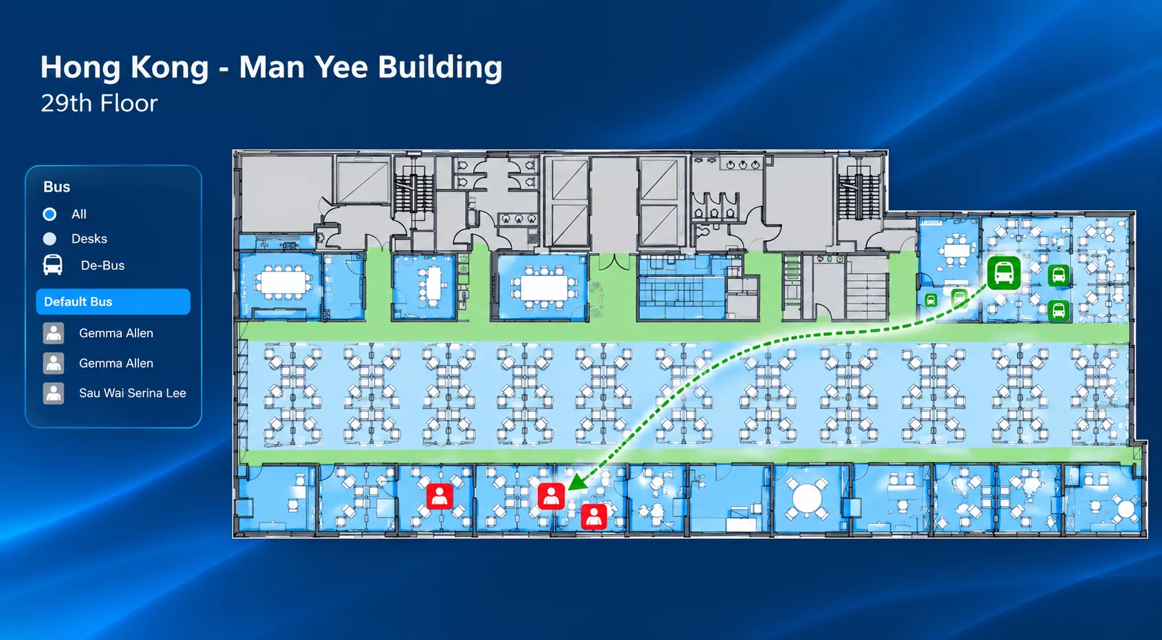 Office floor plan showing employee moves from existing desks to new locations