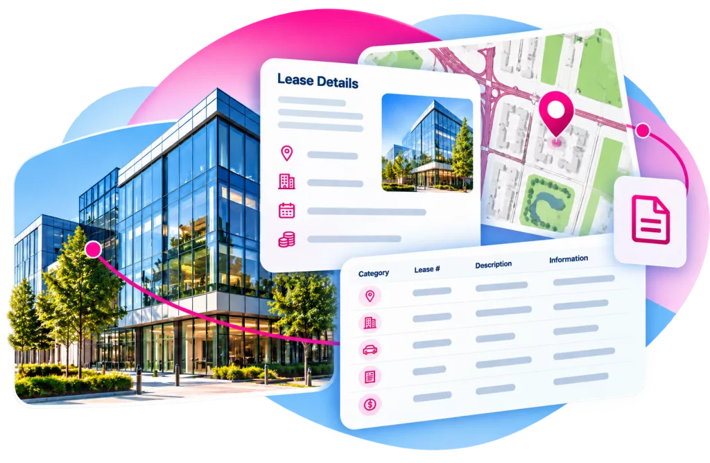 Accordant lease management dashboard showing global property summaries, lease events and regional building information