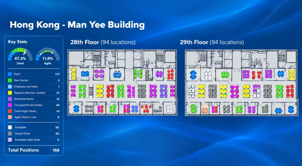 Workplace occupancy floor plan showing desk assignments, vacancies and employee locations