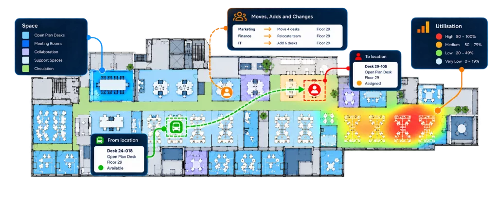 2D office floor plan illustrating workplace space management, moves and utilisation data