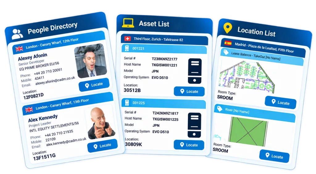 Accordant Finder card view searching for people, assets and rooms