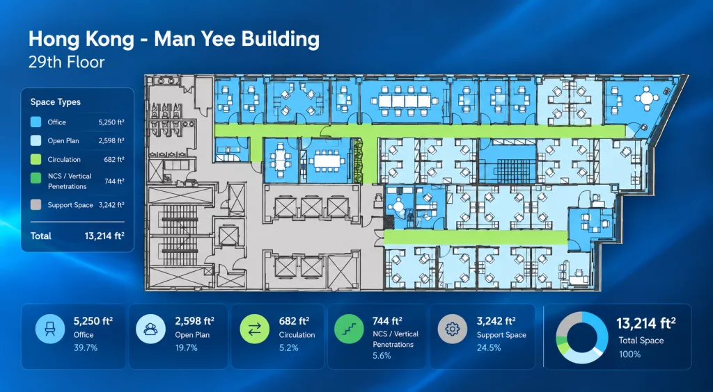 Interactive workplace floor plan showing office spaces, departments and space allocations in Accordant space management software