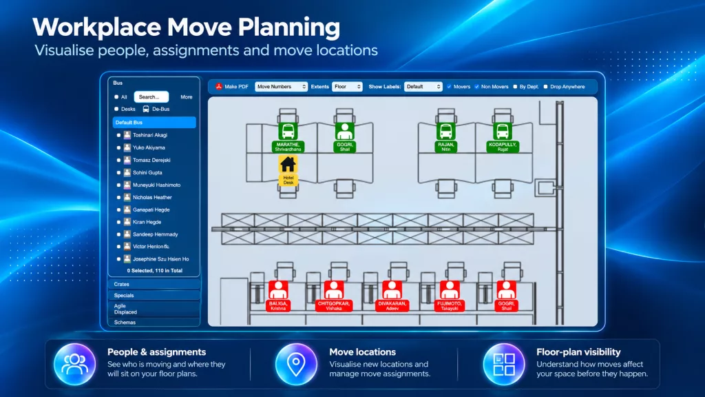 Workplace move planning displayed on a digital floor plan